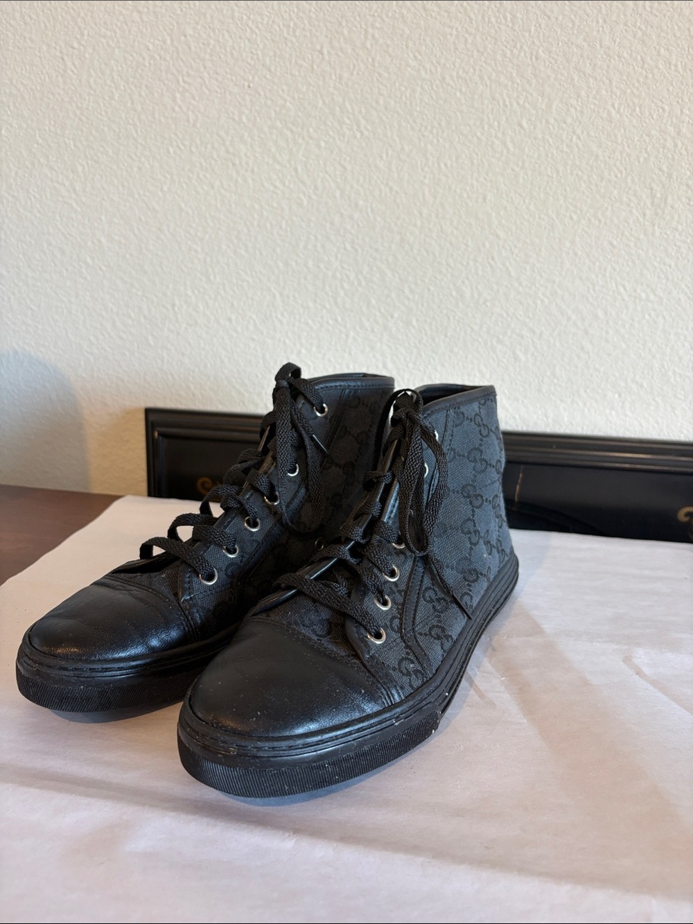 Authentic Gucci Women's Black GG Monogram High-Top Sneakers & dust bag w/ COA
